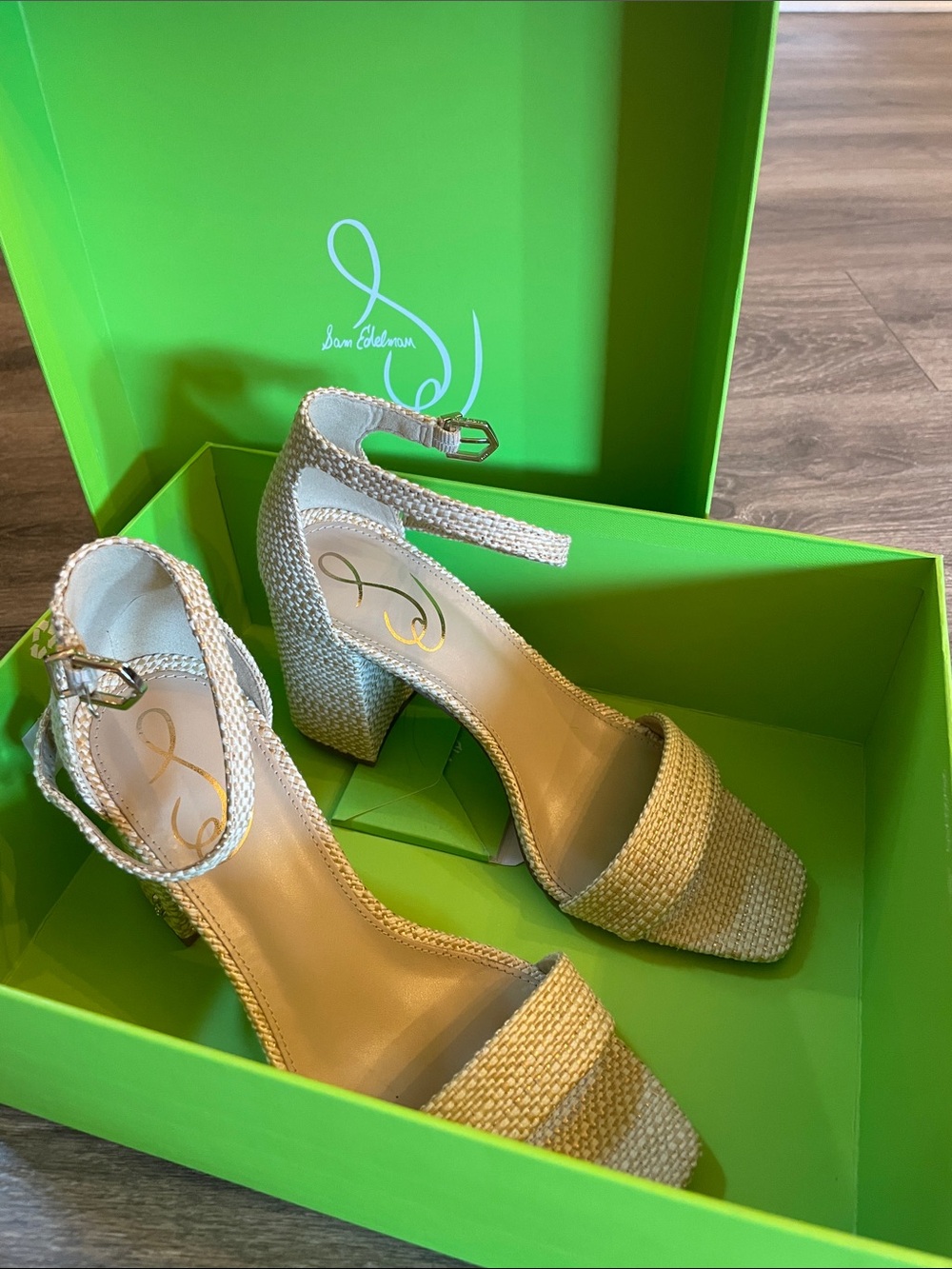 Sam Edelman Natural Woven Block Heel Sandals with Ankle Strap